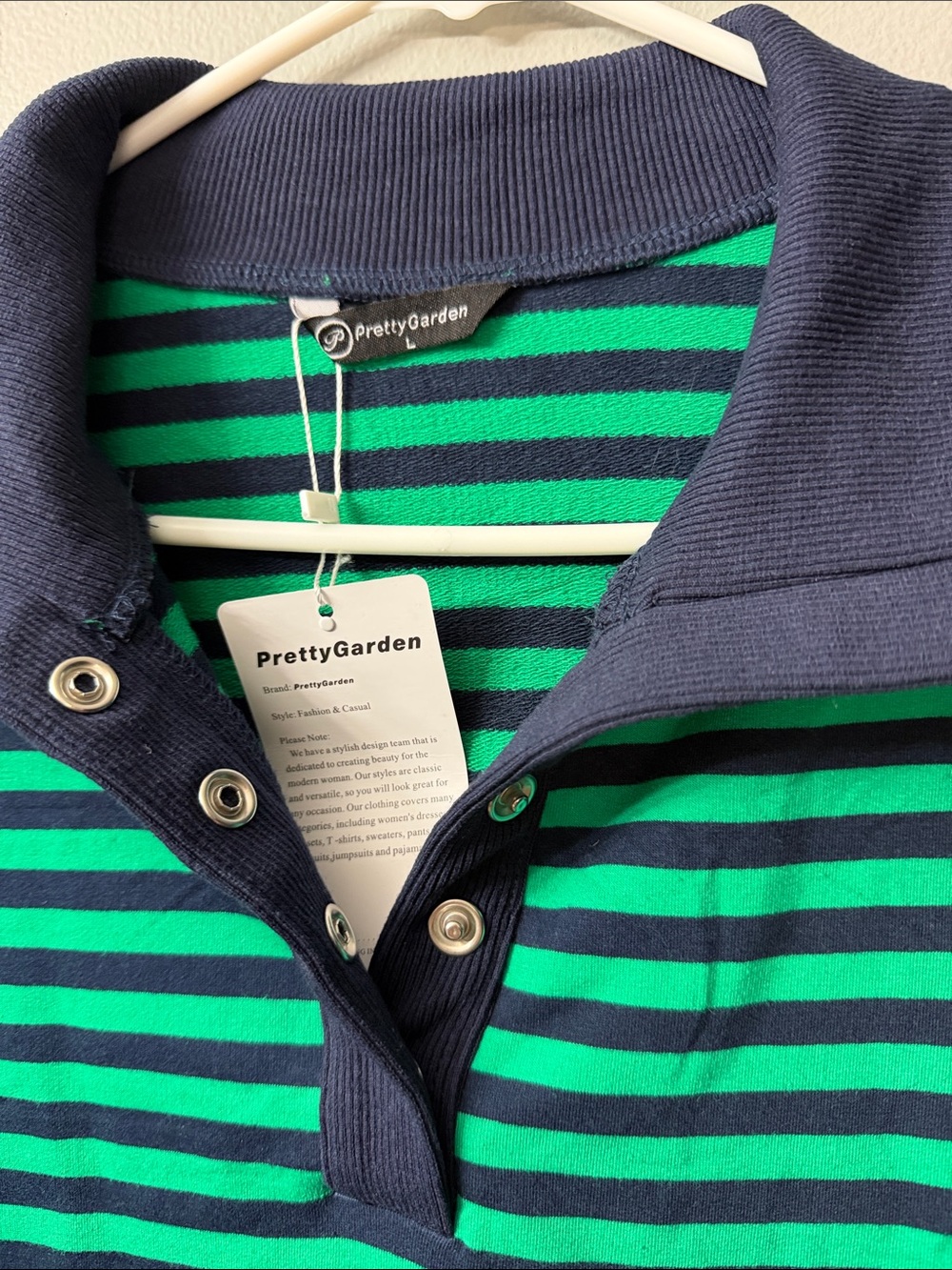 Pretty Garden Striped Green & Navy Polo Pullover large NWT - Picture 3 of 6